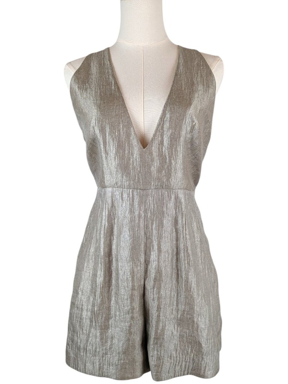 Free People Romper Champagne Gold Shimmer Open Back Sleeveless Plunge Size 8
